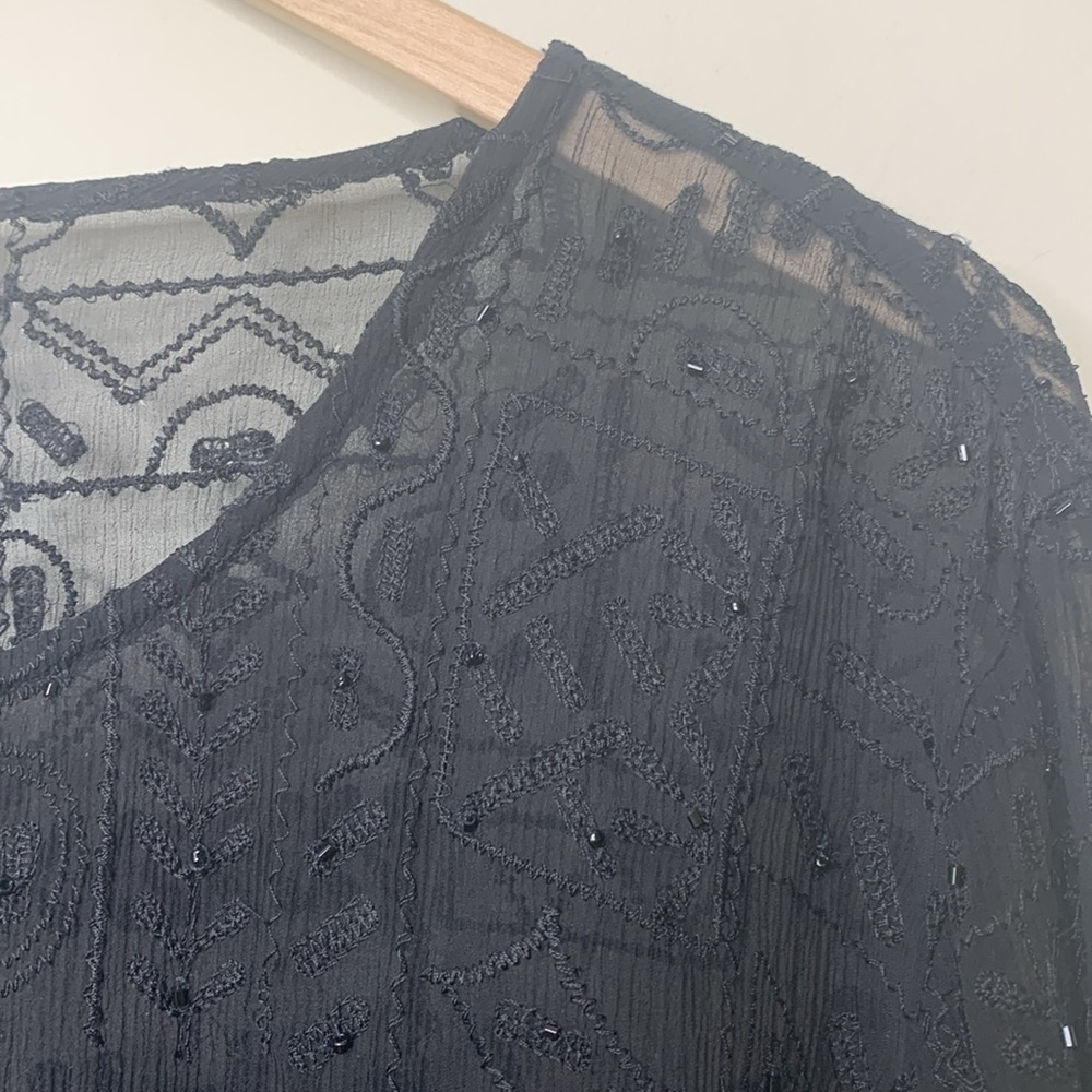 Chico’s | Black Silk Beaded Sheer Bell Sleeve Textured Embroidered Tunic Top 2 M - Picture 14 of 17